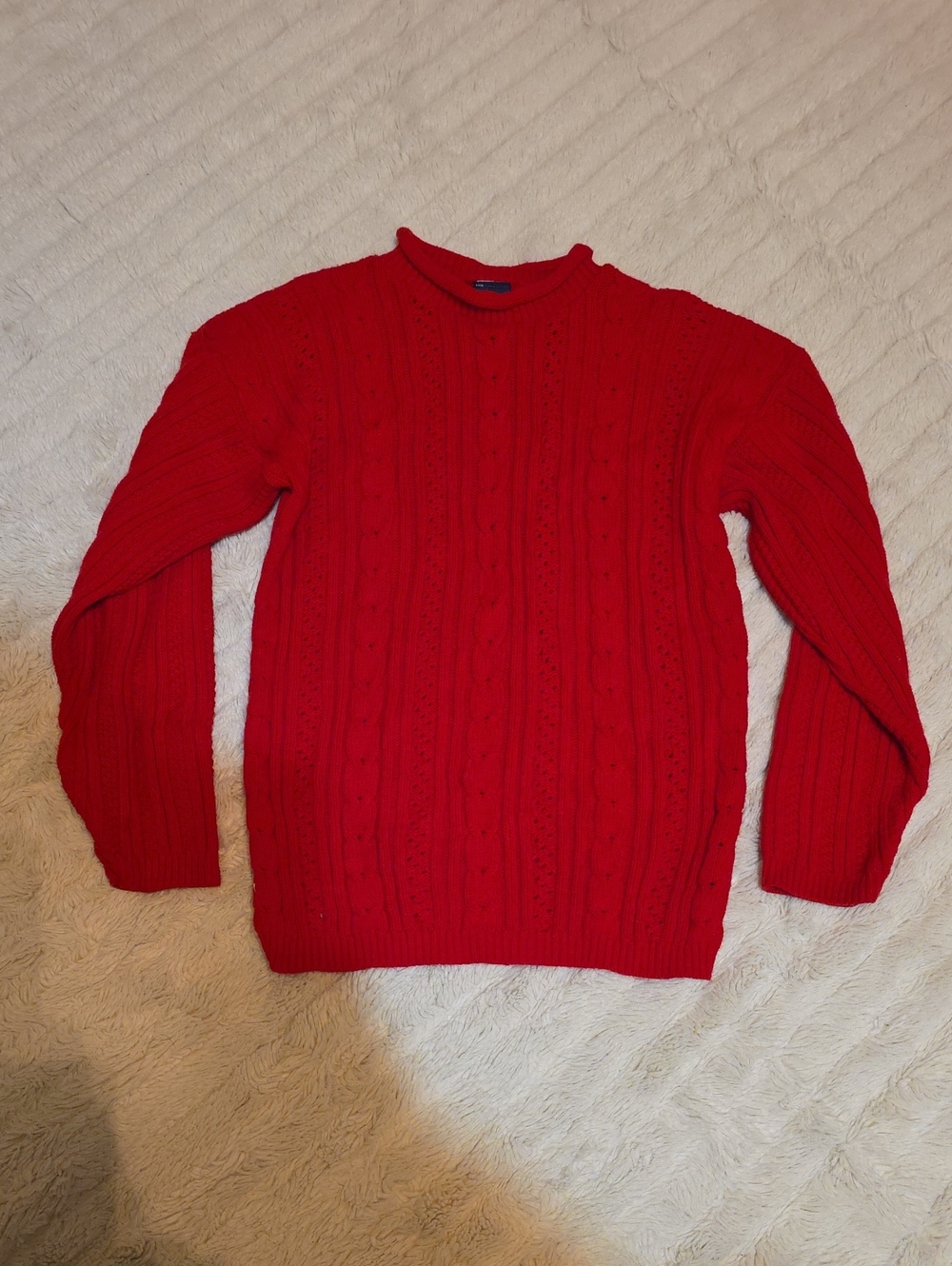 Red Cable Knit Sweater - , Classic Crew Neck